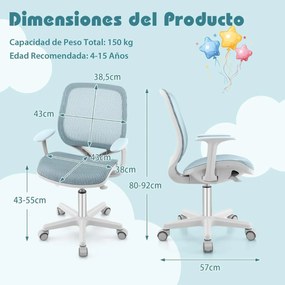 Cadeira giratória de escritório 360° para crianças de 6 a 15 anos Altura ajustável 43-55 cm Rodas com travão Malha respirável Azul