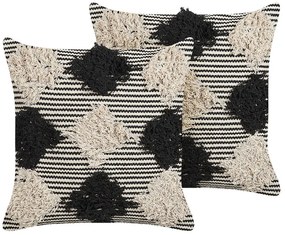 Conjunto de 2 almofadas decorativas tufadas em algodão creme e preto 50 x 50 cm BHUSAWAL Beliani