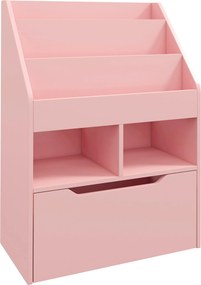 HOMCOM Estante de Madeira para Brinquedos com 3 Compartimentos 2 Prateleiras e Gaveta Móvel com 4 Rodas 60x29,9x90 cm Rosa | Aosom Portugal