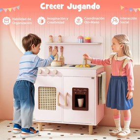 Cozinha infantil de madeira 52 x 31,5 x 73 cm com máquina de gelo realista e armazenamento para crianças com mais de 3 anos Rosa