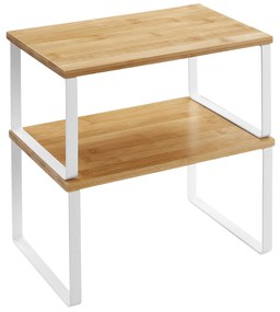 SONGMICS Spice Rack, conjunto de 2 organizadores de prateleiras de armário, organizador de prateleiras de cozinha expansível, suporte de especiarias empilhável, metal e bambu, branco e natural KCS02NW