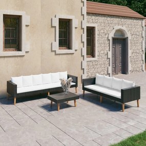 3 pcs conjunto lounge para jardim c/ almofadões vime PE preto