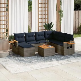 8 pcs conjunto sofás p/ jardim c/ almofadões vime PE cinzento
