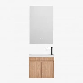 Conjunto De Móvel De Casa De Banho Suspenso Em Madeira Com Lavatório Integrado Narek Castanho Fresno & Retangular Led E Anti-embaciamento 55x90 Cm Rib
