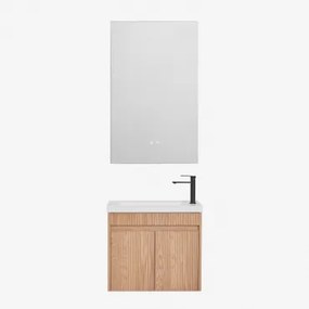 Conjunto De Móvel De Casa De Banho Suspenso Em Madeira Com Lavatório Integrado Narek Castanho Fresno & Retangular Led E Anti-embaciamento - Sklum