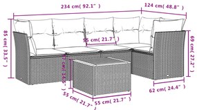 6 pcs conjunto sofás p/ jardim c/ almofadões vime PE cinzento