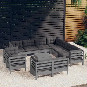 12pcs conjunto lounge de jardim + almofadões pinho maciço cinza