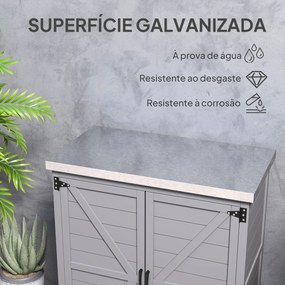 Armário de Exterior em Madeira com Tampo de Aço Galvanizado Prateleira 2 Portas  para Armazenamento de Ferramentas 79x43x92 cm Cinza