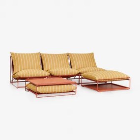 Conjunto De Jardim Amaro Com Sofá Modular De 3 Peças, Mesa Lateral E Pufe Conversível Amarelo Mel - Vermelho Argila - Sklum