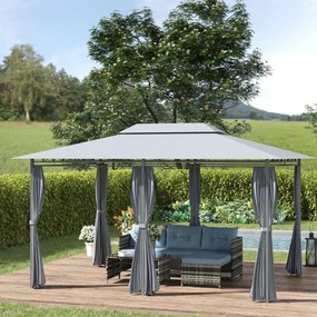 Pérgola de Jardim com Estrutura de Aço Teto Duplo 6 Cortinas Laterais 8 Orifícios de Drenagem 300x400x280 cm Cinza