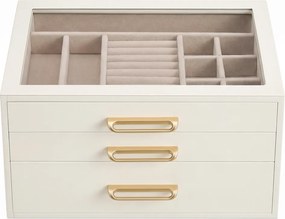 Caixa de joias em madeira com tampa de vidro, 3 níveis, 24 x 16 x 12,5 cm, branco-bege