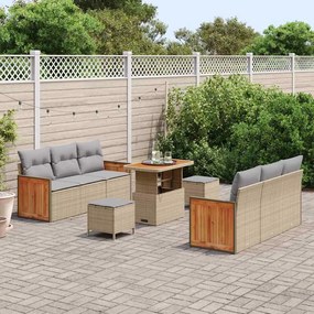 Conjunto de Sofá de Jardim de 9 Peças com Almofadas Bege de Poliratan