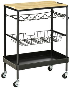 HOMCOM Carrinho Cozinha com Rodas 60,5x35,5x75cm Carrinho de Cozinha Multiuso com Suporte para Garrafas Cesta Preto e Carvalho | Aosom Portugal