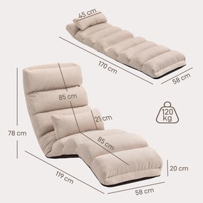Poltrona individual conversível 58 x 119 x 78 cm com encosto e apoio para a cabeça ajustáveis em 5 posições, bege