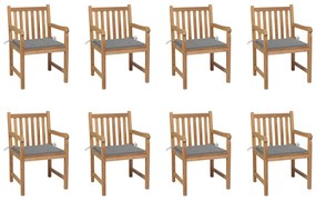 vidaXL Cadeiras de jardim c/ almofadões cinzento 8 pcs teca maciça