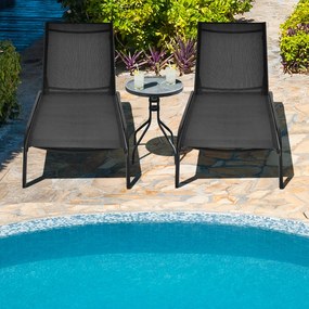 Conjunto de 2 espreguiçadeiras com rodas, tecido de secagem rápida e encosto reclinável em 6 posições, para exterior, piscina, pátio e jardim, Pretas