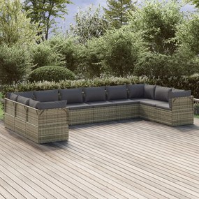 10 pcs conjunto lounge de jardim c/ almofadões vime PE cinzento