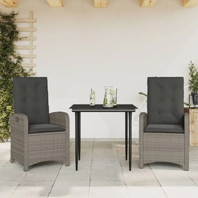 3 pcs conjunto de jantar p/ jardim c/ almofadões vime PE cinza
