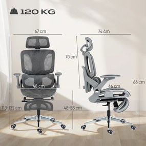 Cadeira de escritório ergonómica com braços 4D, apoio para a cabeça e profundidade do assento ajustáveis, em malha cinzenta