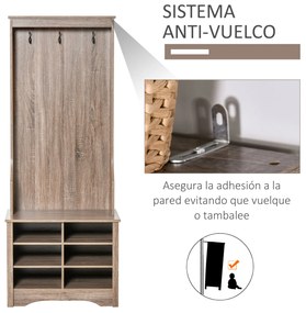 HOMCOM Móvel Cabide de Entrada com 3 Ganchos e 6 Compartimentos para Sapatos Armário de Entrada com Cabides 68,5x39,5x173cm Madeira