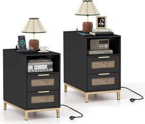 Conjunto de 2 mesas de cabeceira em rattan 60 x 35 x 61 cm com estação de carregamento e 2 gavetas estilo boho com armazenamento aberto preto e dourad