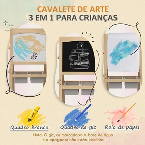 Cavalete para Crianças 3 em 1 com Quadro preto e Quadro Branco para Desenhos com Rolo de Papel 58x50,5x109 cm Madeira