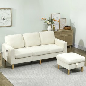 Sofá de 3 lugares 192 x 138 x 85 cm com apoio para os pés, sofá em veludo canelado, assento e encosto almofadados, bege