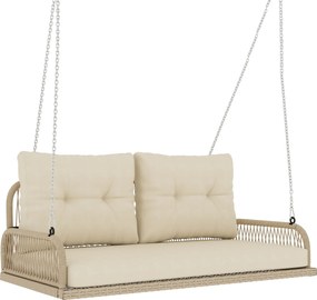 Outsunny Banco Suspenso Exterior 2 Lugares em Resina Trançada com Almofadas e Correntes em Aço, 115x66x44cm, Bege | Aosom Portugal