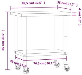 Mesa de trabalho de cozinha com rodas 82,5x55x85 cm aço inox.