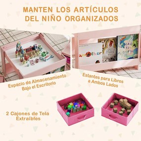 Conjunto de Mesa e 2 Cadeiras Infantis, 61,5 x 61,5 x 48 cm, Quadros de Giz e Branco Reversíveis, Rosa