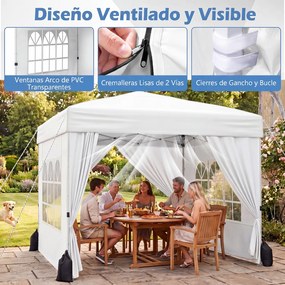 Tenda Dobrável de Exterior feiras, eventos, festas, 300 x 300 x 250-268 cm, 4 Paredes Removíveis e 4 sacos areia, Branco