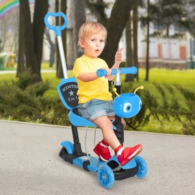 HOMCOM trotinete 5 em 1 para crianças de acima de1 ano trotinete de 3 rodas com assento removível guiador ajustável 62x25x72,5 cm azul