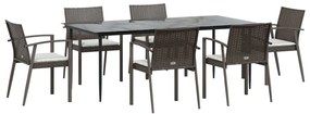 7 pcs conjunto de jantar p/ jardim c/ almofadões vime PE e aço