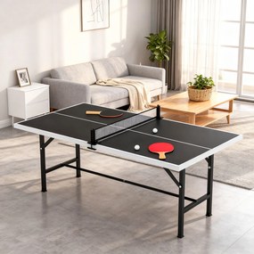 Mini Mesa de Ping Pong Dobrável 152x76 cm para Exterior com Rede 2 Raquetes e 3 Bolas Fácil de Transportar Preto