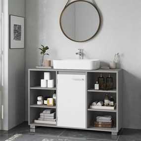 Armário de casa de banho 30 x 90 x 60 cm para lavatório (NÃO INCLUIDO), com prateleiras ajustáveis e pés cinzento-branco