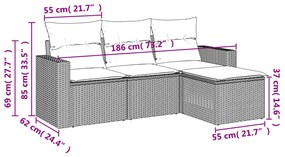 4 pcs conjunto sofás de jardim c/ almofadões vime PE castanho