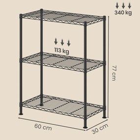 Estante de metal e plastico 30 x 60 x 77 cm, prateleiras ajustáveis, estante de arrumação com 3 níveis para garagem preto
