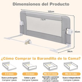 Grade dobrável para berço de bebé Guarda-camas para crianças com capa amovível em tecido Oxford Grade dobrável 105 cm Cinzento