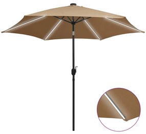 vidaXL Guarda-sol c/ luzes LED/poste alumínio 300 cm cinza-acastanhado