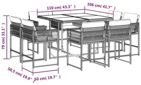 9 pcs conj. jantar jardim c/ almofadões vime PE bege misturado