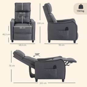 Poltrona Relax com Massagem Vibratória, Aparência de Linho, reclinável com Almofada de Molas, Apoio para Pés, Cinza
