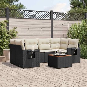 7 pcs conjunto de sofás p/ jardim c/ almofadões vime PE preto