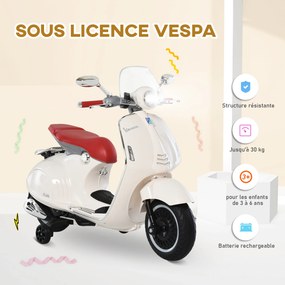 Scooter Vespa elétrica para crianças, 6 V, 108 L x 49 l x 75 H cm, música, buzina, 2 rodas auxiliares, 3-6 anos, Branca