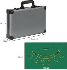 Mala de Póquer com 400 Fichas 2 Baralhos 5 Dados Tapete e Botão Dealer 39,5x28x8 cm Cinza