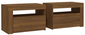 Mesas cabeceira c/ LEDs 2 pcs 60x35x40 cm carvalho castanho