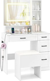 Toucador de maquilhagem com espelho e luzes 90 x 40 x 140 cm, com banco, espaço de arrumação, tomadas, tampo em vidro, 3 cores, luz regulável, branco