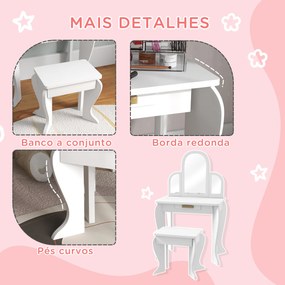 Toucador para Crianças com Espelho e Banco Toucador de Maquilhagem para Crianças de 3 a 6 Anos 52x32x85 cm Branco