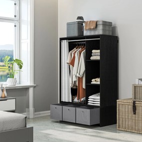 Guarda Roupa com barra para cortinas 105 x 48 x 160 cm, 3 compartimentos abertos e 3 gavetas de tecido removíveis, preto, cinzento
