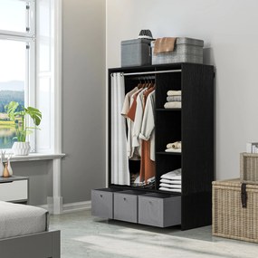 Guarda Roupa com barra para cortinas 105 x 48 x 160 cm, 3 compartimentos abertos e 3 gavetas de tecido removíveis, preto, cinzento