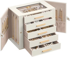 Caixa de joias com vários andares 26,1 x 15,6 x 22,2 cm, tampa de vidro e compartimento para colares branco creme e castanho claro